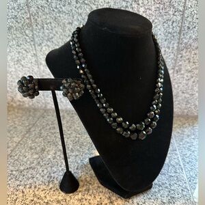 Vintage Signed Laguna Black Glass Faceted Bead Necklace & Earrings Set